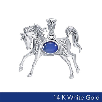 Celtic Running Horse 14K White Gold Pendant with Gem WPD5730 - Jewelry